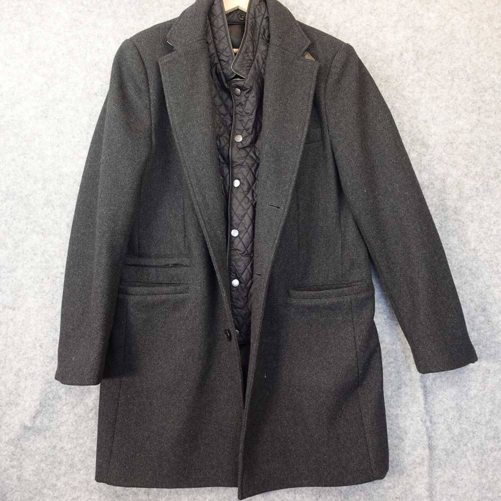 Wool Coat Mens Medium Black Detachable Liner Trim Quilt Buckle‎ OF ALL THREADS